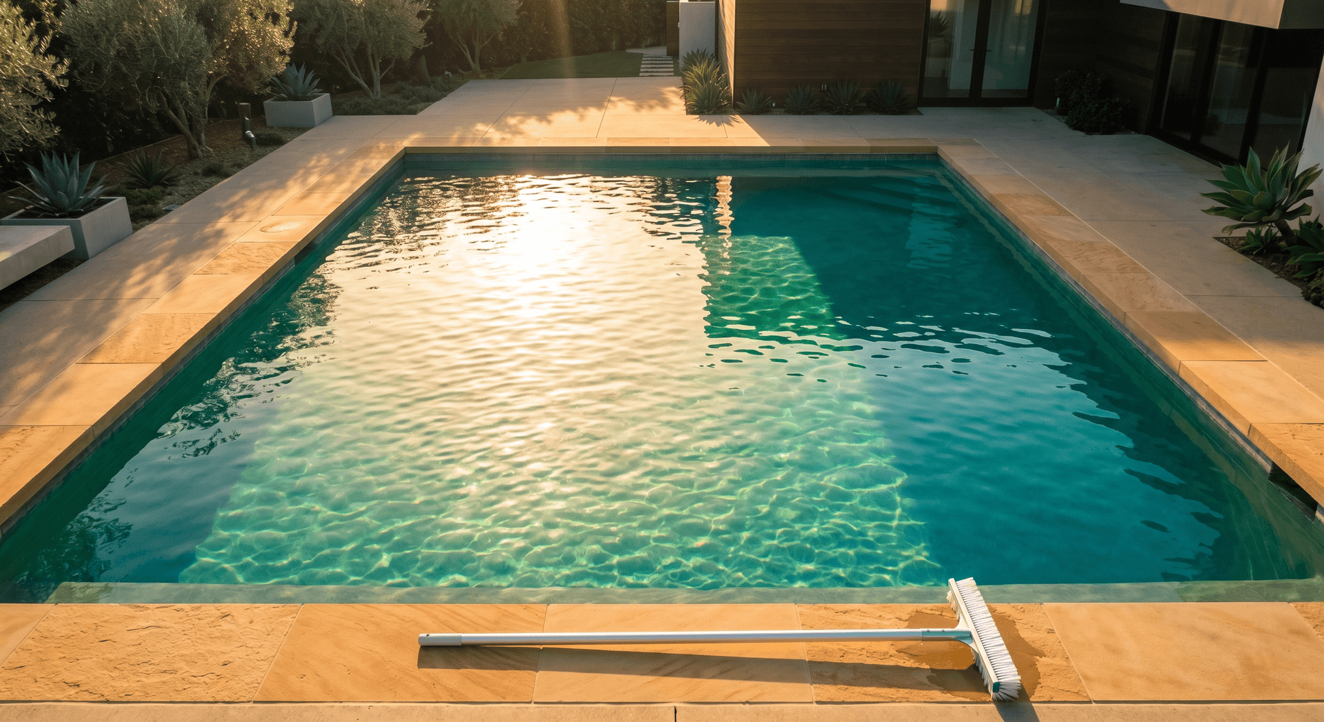 Aerial view of a swimming pool with green-tinted water and a brush pole resting at the edge