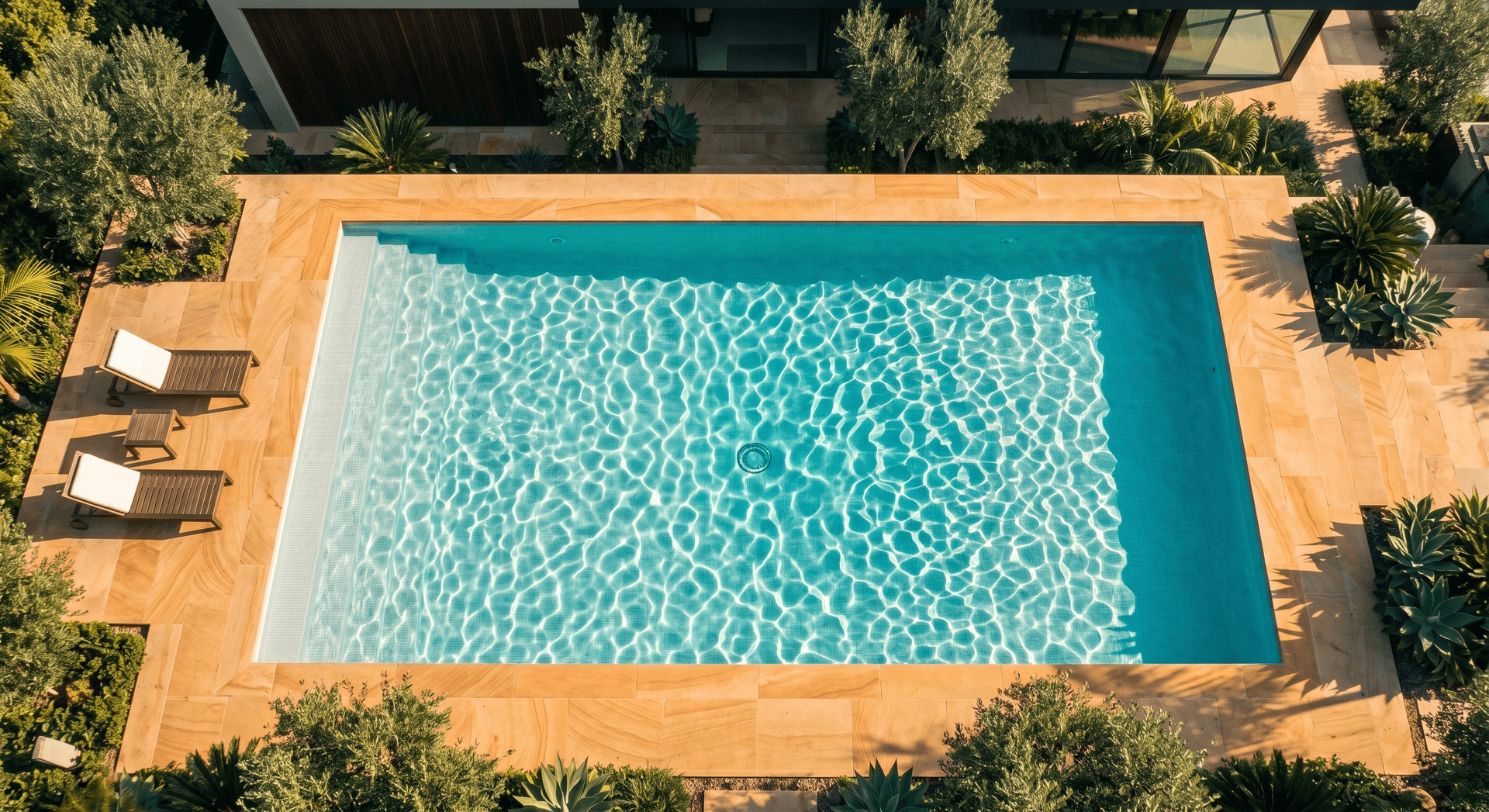 Aerial view of a clear turquoise swimming pool with sunlit rippling water and loungers at the edge