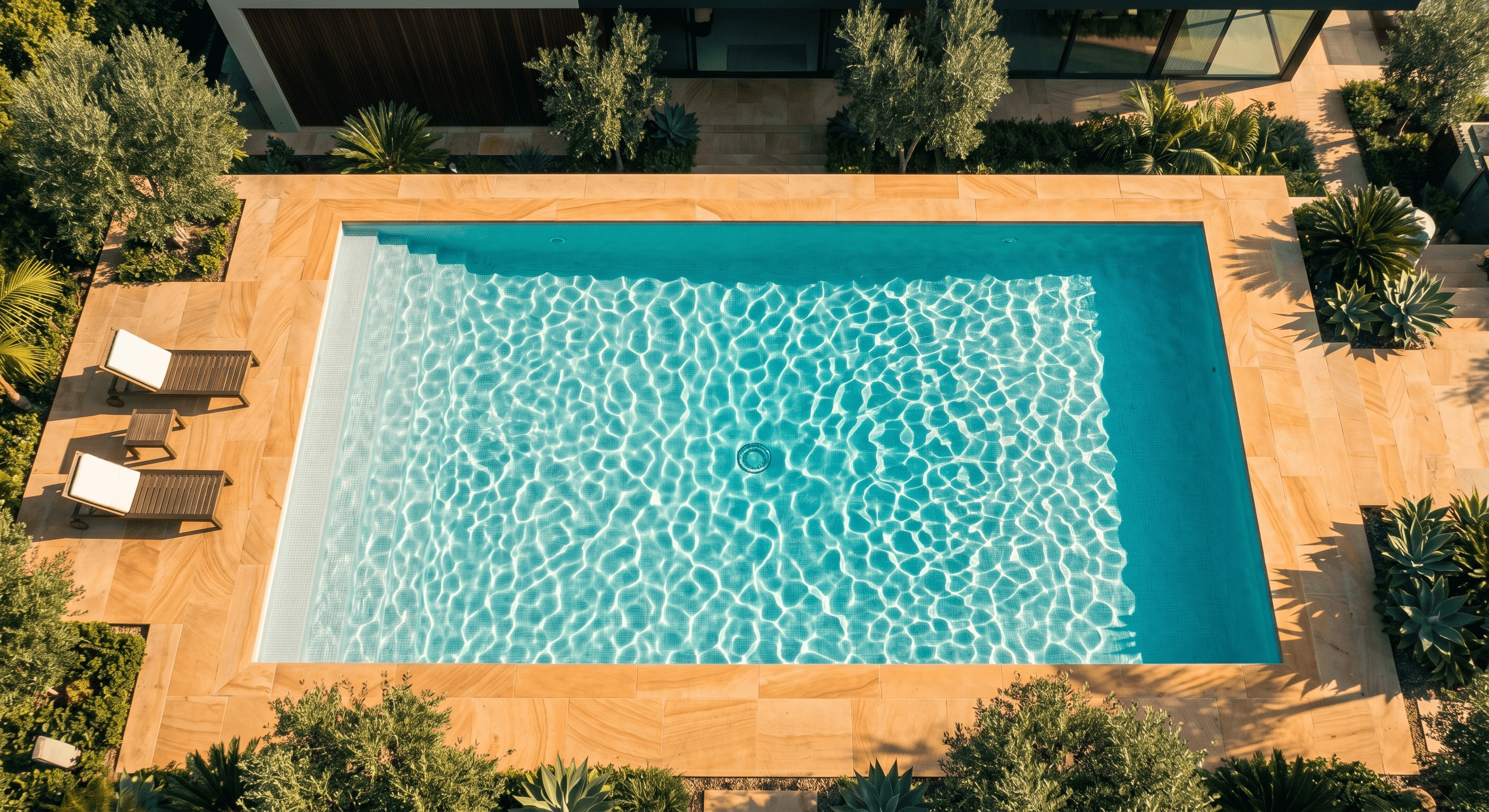Aerial view of a clear turquoise swimming pool with sunlit rippling water and loungers at the edge