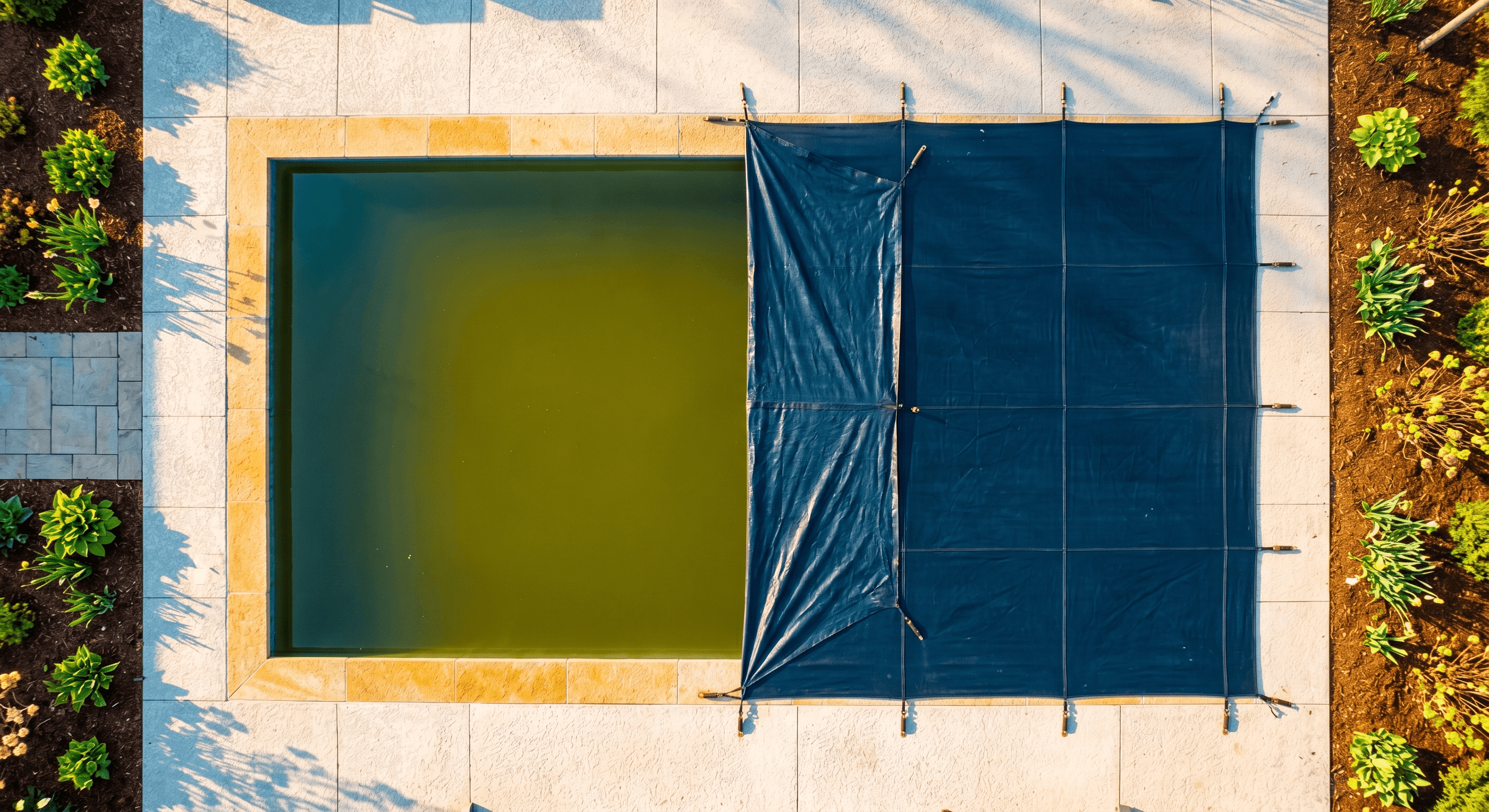Aerial view of a swimming pool with winter cover partially removed revealing murky water