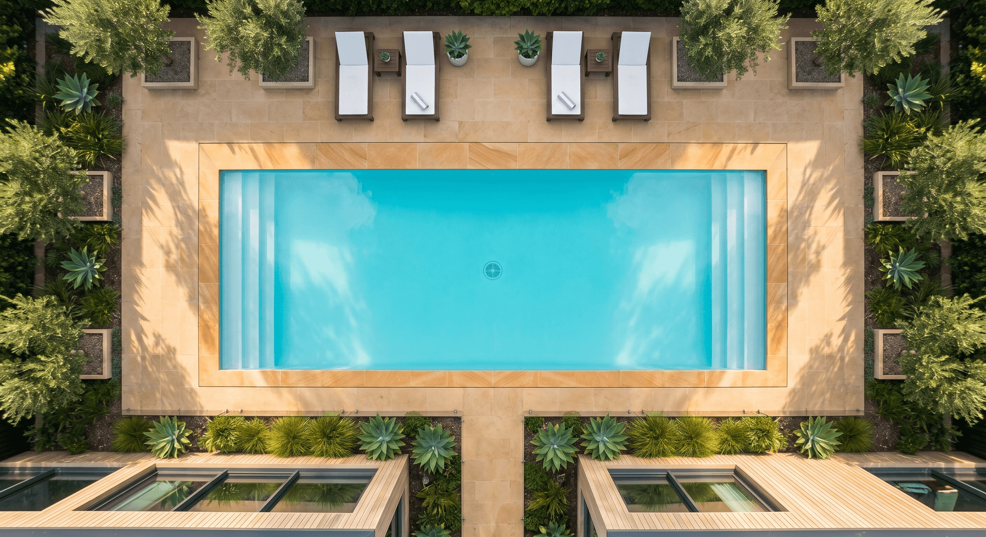 Perfectly symmetrical overhead shot of a rectangular swimming pool with still turquoise water