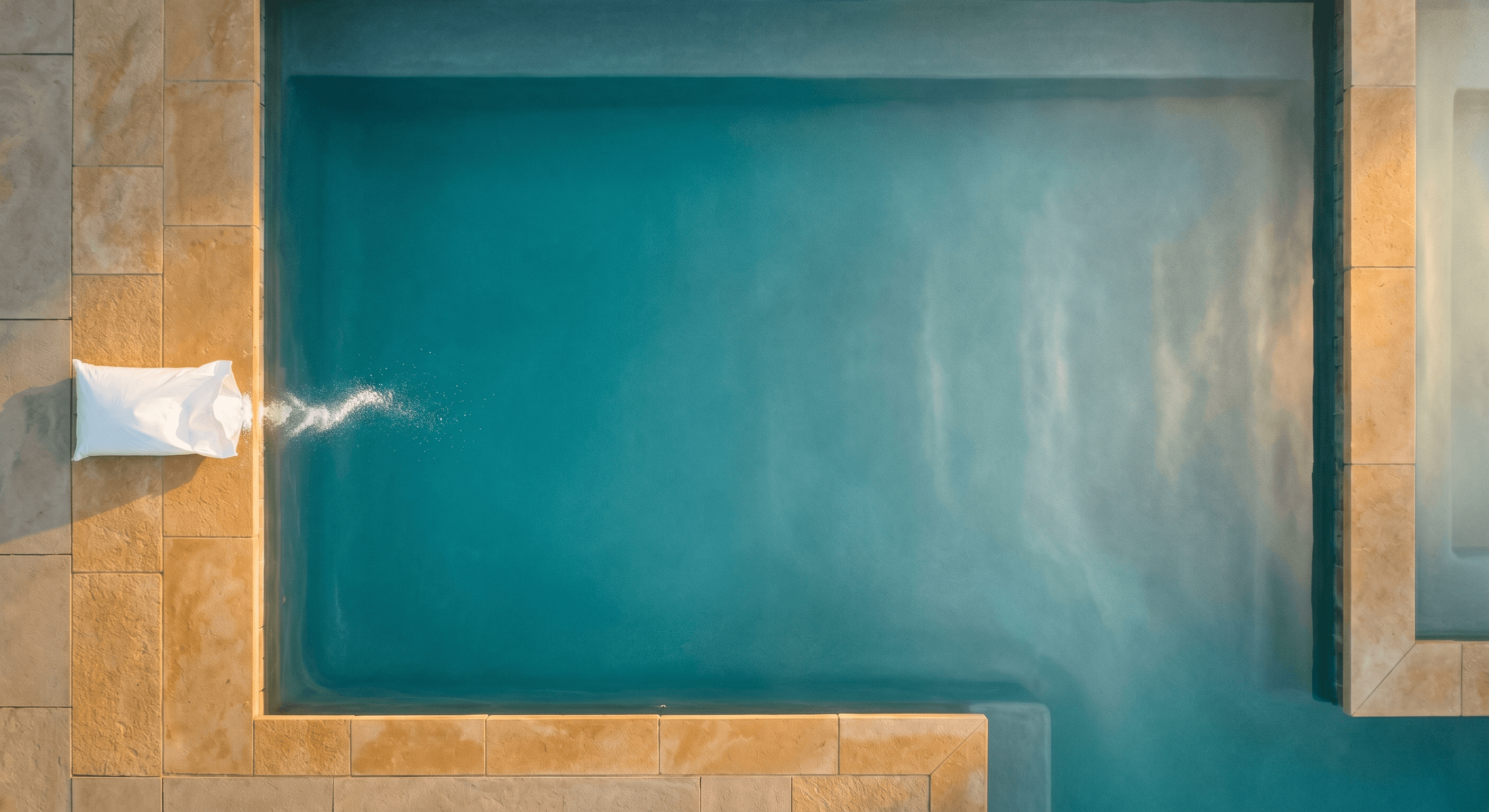 Aerial view of a swimming pool with a bag of salt dissolving at the edge