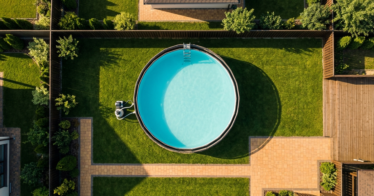 A 24-foot round above ground pool in a backyard with a metal wall, vinyl liner, and a small cartridge filter on the deck