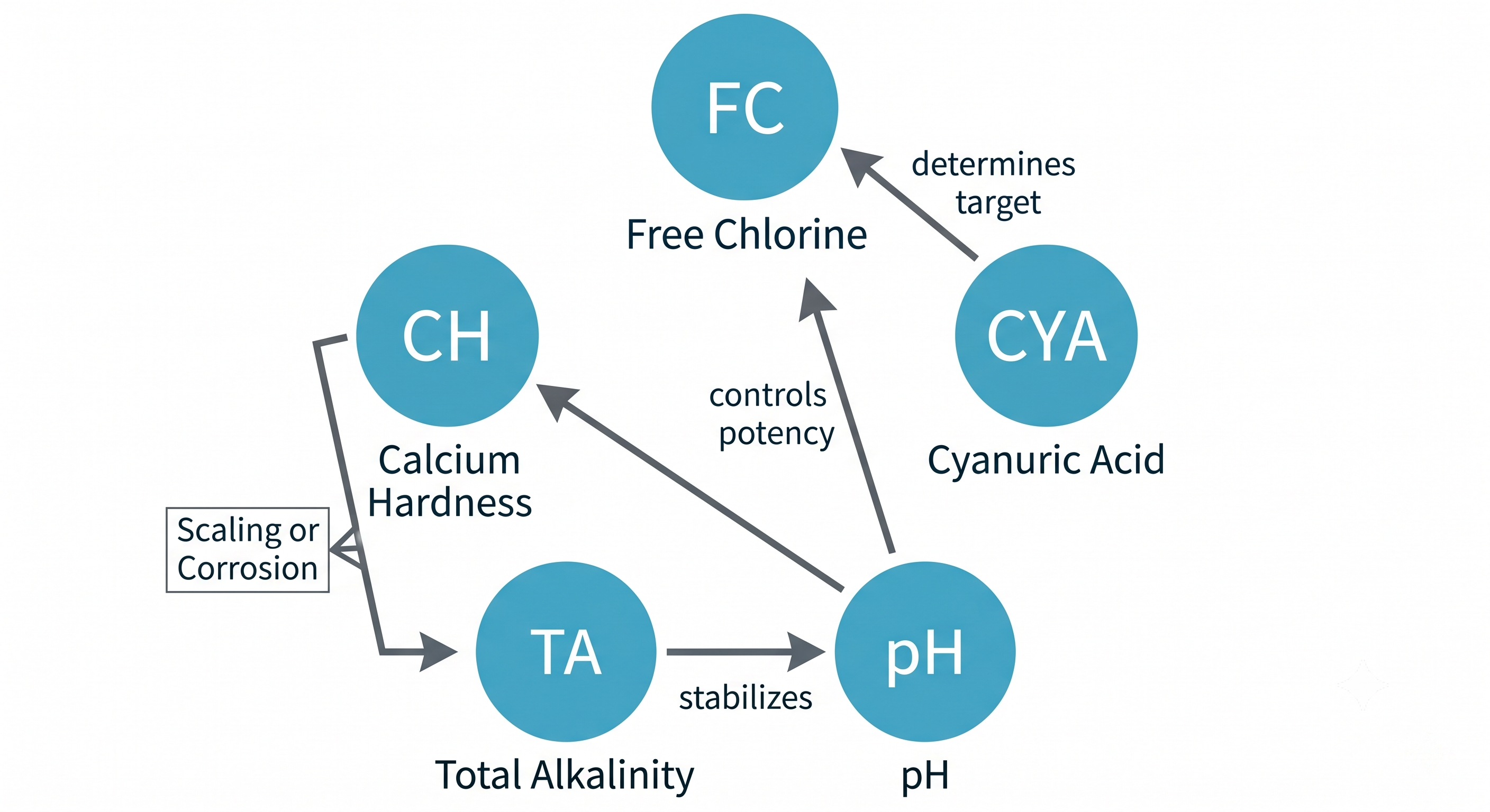 Diagram showing how five pool chemistry parameters interact with CYA determining chlorine target and pH controlling potency
